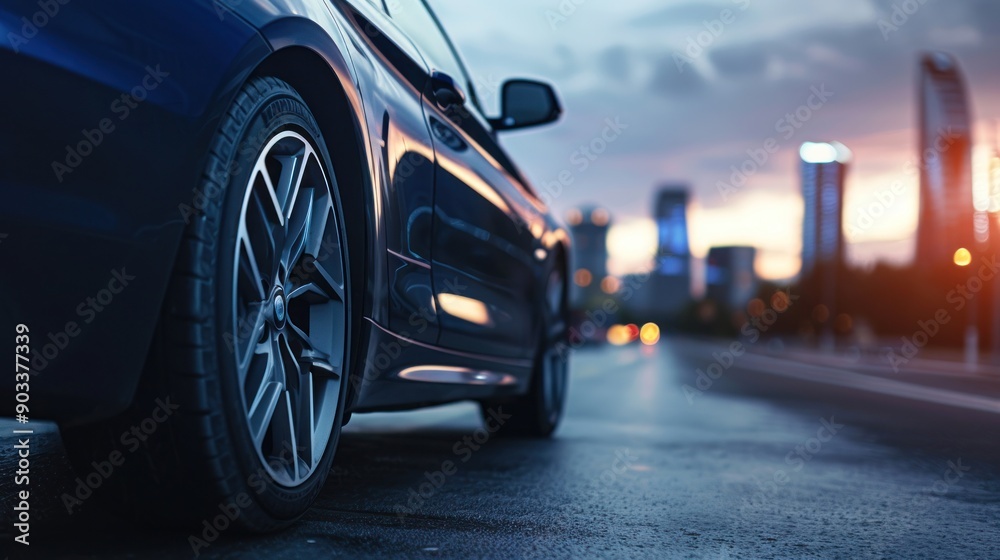 Blue Car in Urban Setting at Dusk Blue Car in Urban Setting at Dusk