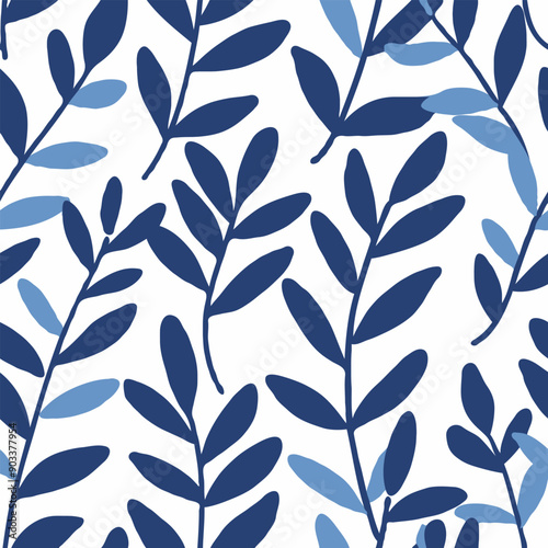 A blue and white pattern of leaves vector illustration with simple flat shapes