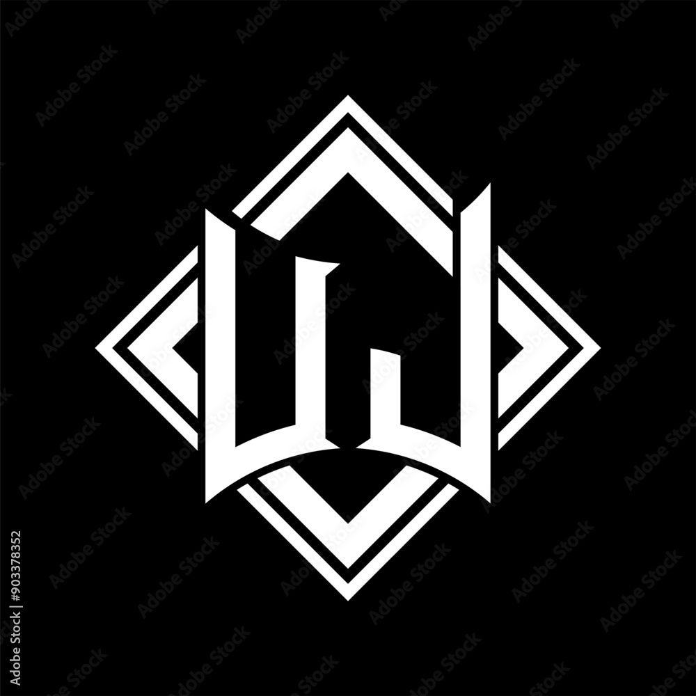 UJ Letter logo abstract shield shape with square white outline on black background template UJ Letter logo abstract shield shape with square white outline on black background template