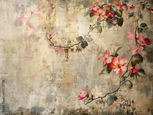 Vintage floral pattern on a distressed textured background.