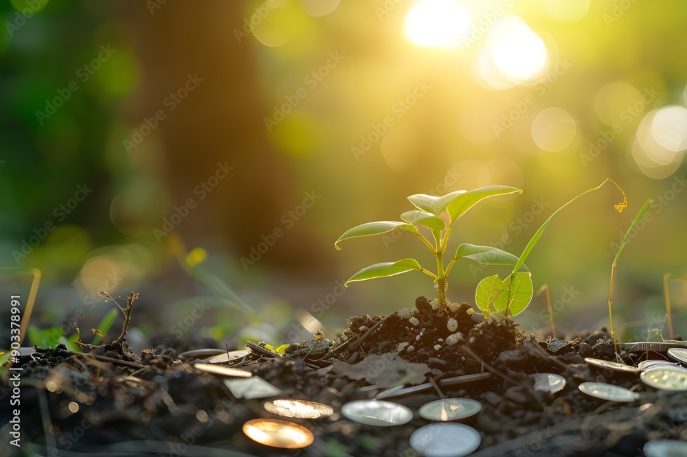 A Small Plant Growing in the Soil with Coins A Small Plant Growing in the Soil with Coins