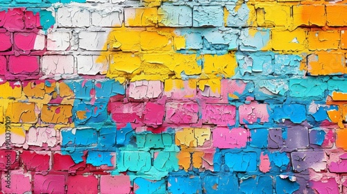 Colorful brick wall with paint splatters and peeling paint.