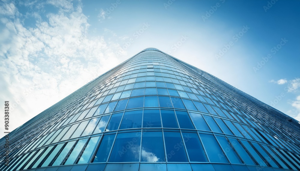 Fototapeta premium A skyscraper reaching towards a bright blue sky