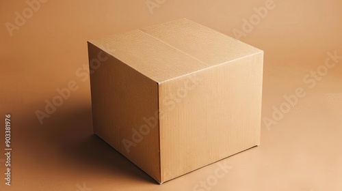 A plain, cubeshaped cardboard box on a light brown background photo