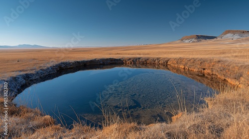 Tranquil Sinkhole View on Clear Day at Khorat Plateau - Natural Beauty and Minimalist Scene with Vast Plains and Blue Sky