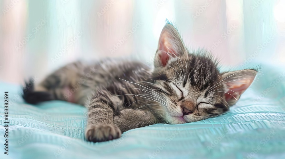 A kitten in a deep sleep, with soft lighting and a tranquil expression, on a pastel blue surface A kitten in a deep sleep, with soft lighting and a tranquil expression, on a pastel blue surface