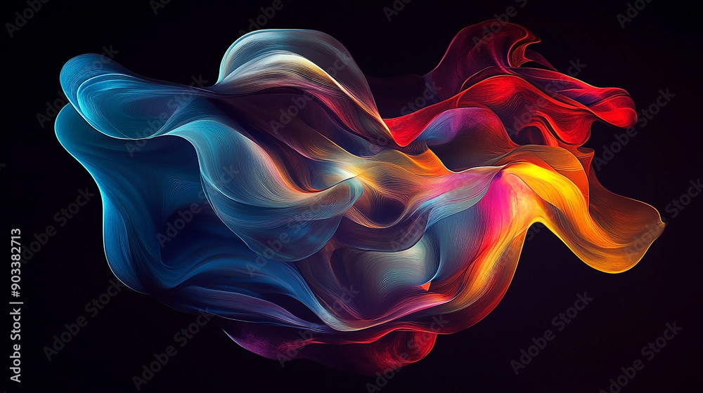 Abstract colorful swirling shapes on a dark background.