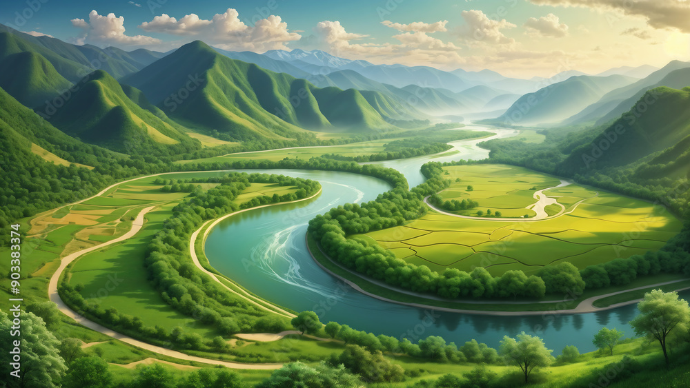 Green Valley Stream. Serene river flowing through a lush valley with mountain scenery. AI Generative Green Valley Stream. Serene river flowing through a lush valley with mountain scenery. AI Generative