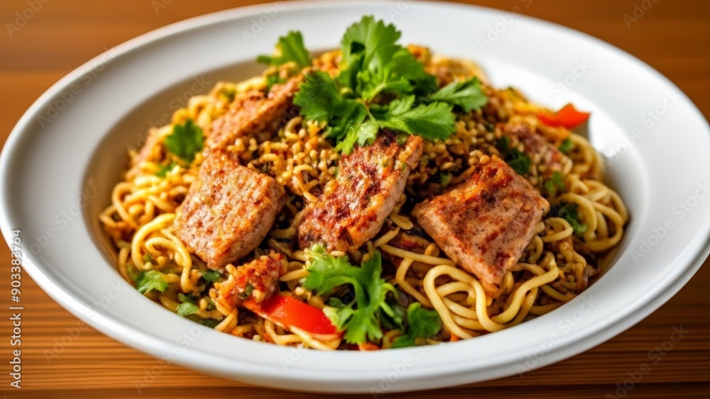 Delicious Asianinspired noodle dish with succulent meat and fresh herbs Delicious Asianinspired noodle dish with succulent meat and fresh herbs