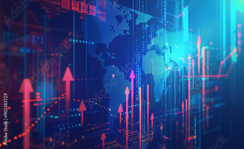 Abstract Blue Background with Glowing Arrows and World Map, Representing Digital Global Network and Growth Graph Chart for Technology Business Concept, Internet Marketing, and Financial Market Design
