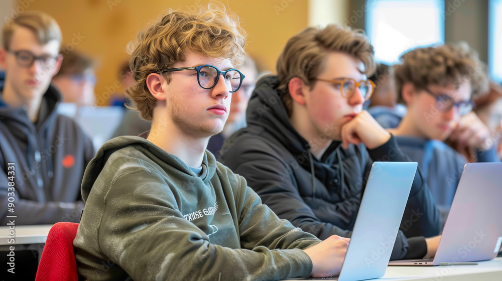 Focused Learners: A group of young male students, with laptops open and attentive expressions, engage in a lecture or seminar, showcasing the power of education and knowledge acquisition. Focused Learners: A group of young male students, with laptops open and attentive expressions, engage in a lecture or seminar, showcasing the power of education and knowledge acquisition.