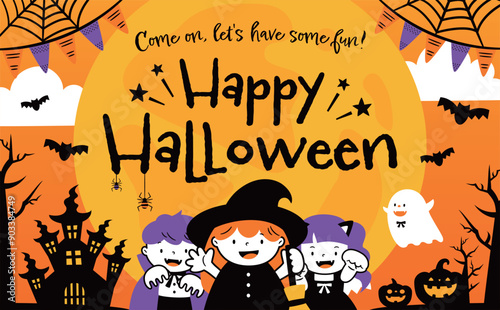 月明かりの城と仮装した子どもとハロウィンかぼちゃのシルエットフレームの円形囲みのかわいいタイトルバック背景イラスト素材