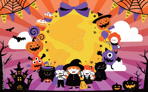 かわいい手書きのかぼちゃや仮装した子どものポップなイラストをあしらったハロウィンタイトルフレーム