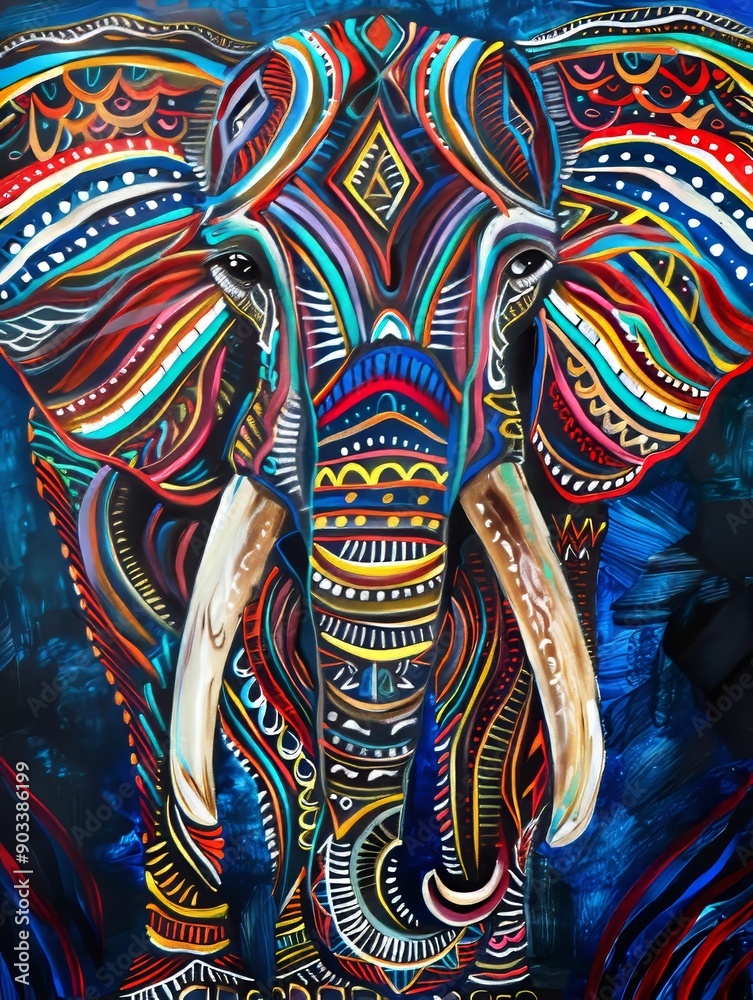 Naklejka premium An abstract illustration of an elephant with vibrant colors and swirling pattern.
