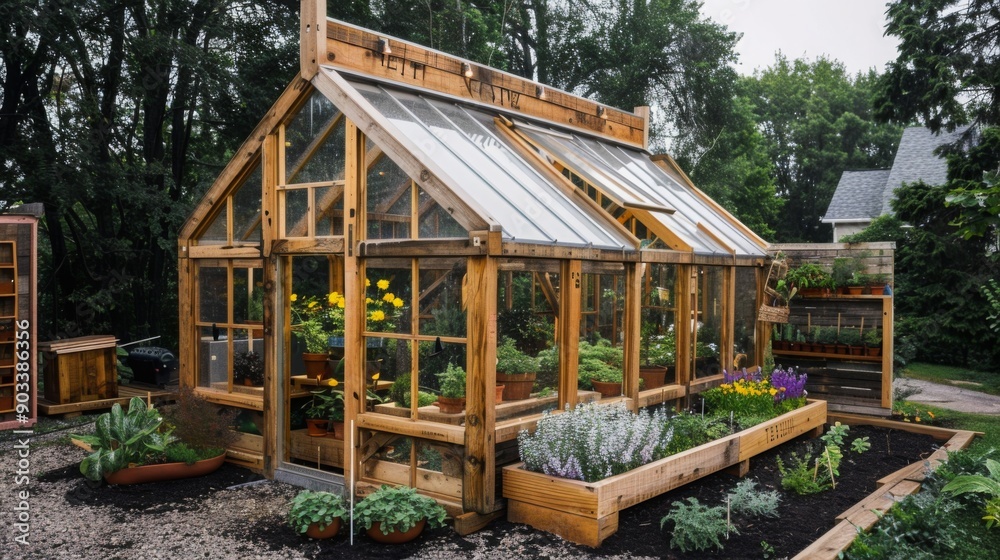 A wooden greenhouse with a glass roof sits surrounded by potted plants and flowerbeds, all bathed in sunlight. A wooden greenhouse with a glass roof sits surrounded by potted plants and flowerbeds, all bathed in sunlight.
