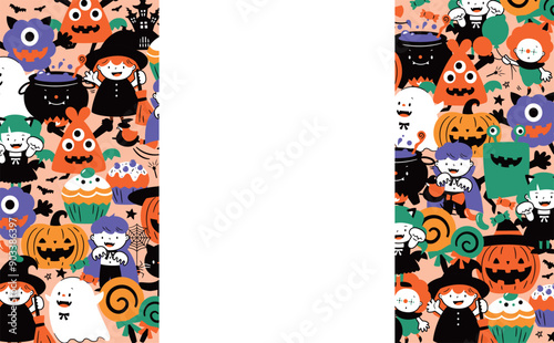 ハロウィンパーティーで仮装した子どもたちとかぼちゃ・おばけ・モンスター等のかわいい手書きフレーム背景イラスト