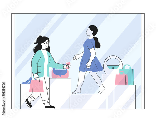 Woman near shop window. Young girl walks next to boutique window. Shopaholic near shopping center. Fashion, trend and style. Linear vector illustration