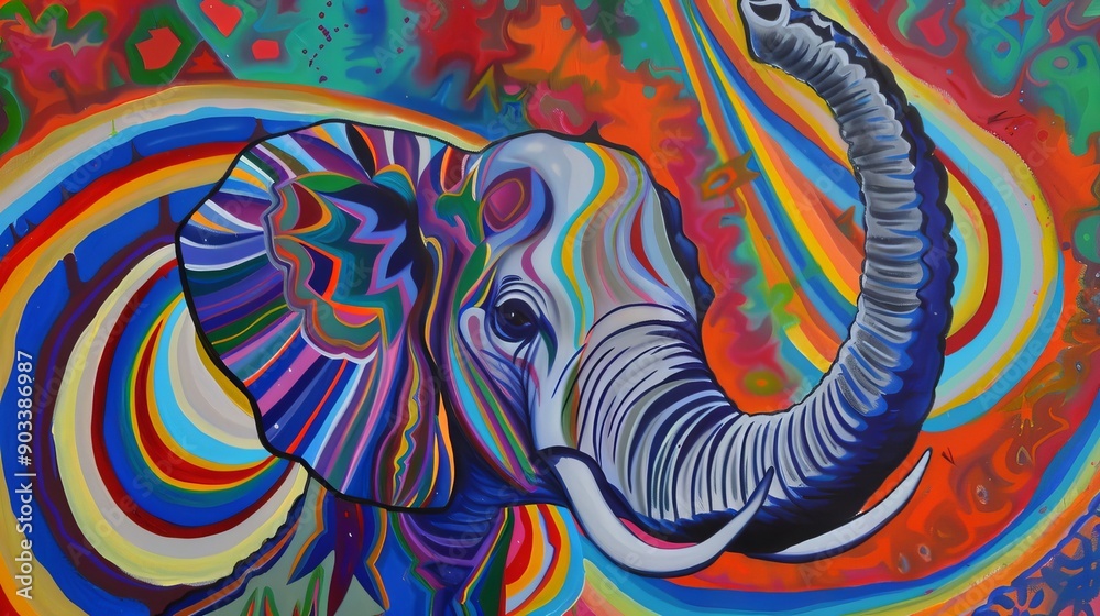 An abstract illustration of an elephant with vibrant colors and swirling pattern. An abstract illustration of an elephant with vibrant colors and swirling pattern.