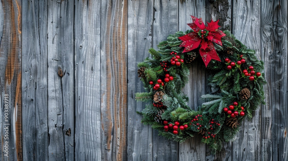 Holiday wreath on weathered timber wall Holiday wreath on weathered timber wall