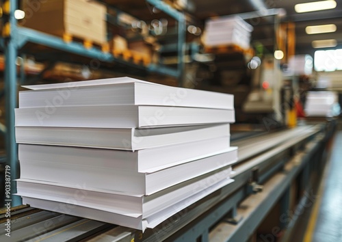 Close-up image of a stack of white paper reams in a printing factory. AI.