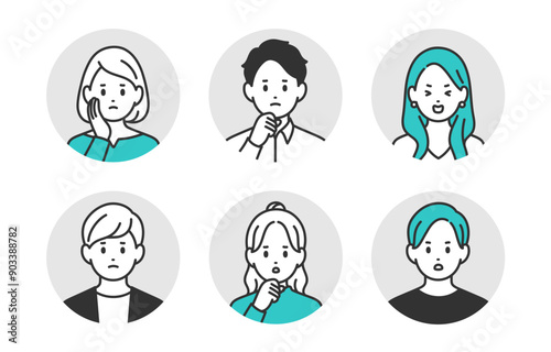 ネガティブな若い男女の顔アイコンセット【人物ベクターイラスト素材】