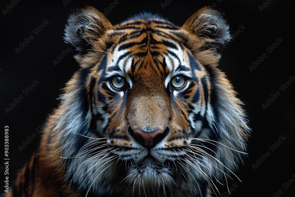 Fototapeta premium Hyper-Realistic Studio Portrait of a Tiger Face on Black Background with Beautiful Lighting