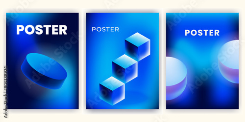 vibrant 3D posters feature abstract geometric shapes, blue gradient background, perfect for modern designs and creative projects. Ideas for promoting events, products, or artistic displays