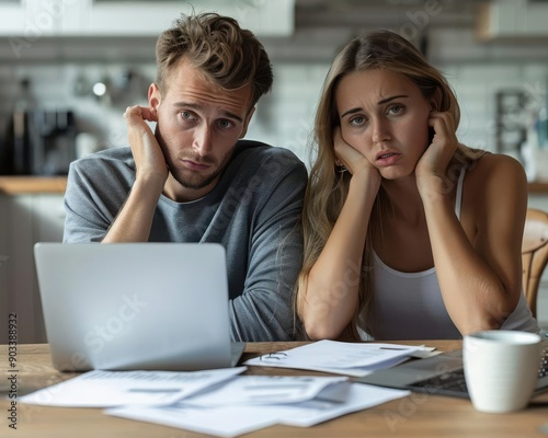 Financially stressed couple discussing debt relief options, household debt concept photo