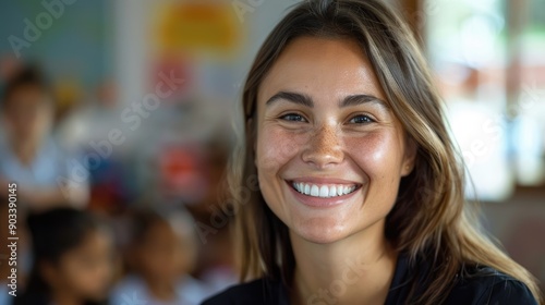 Beautiful young female teacher smiling and looking into camera at elementary school with children at the blurred background