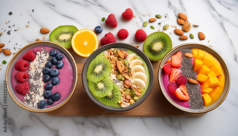 Three colorful smoothie bowls with fresh fruit and toppings Three colorful smoothie bowls with fresh fruit and toppings