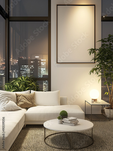 Modern living room interior with beige sofa, white coffee table, large blank framed poster, and plants, nightbackground, home decor concept. 3D Rendering photo