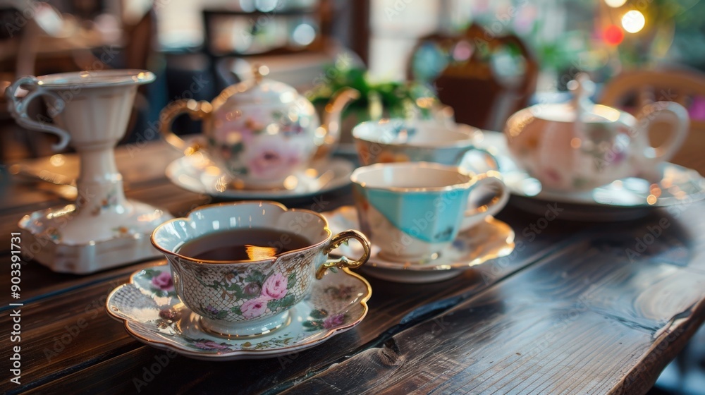 Delicate tea cups and a teapot arranged on a rustic wooden table, creating a cozy and inviting atmosphere for tea time. Delicate tea cups and a teapot arranged on a rustic wooden table, creating a cozy and inviting atmosphere for tea time.