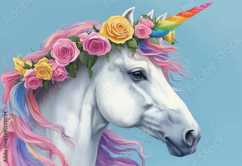 Whimsical Unicorn with Rainbow Mane and Pink Roses photo