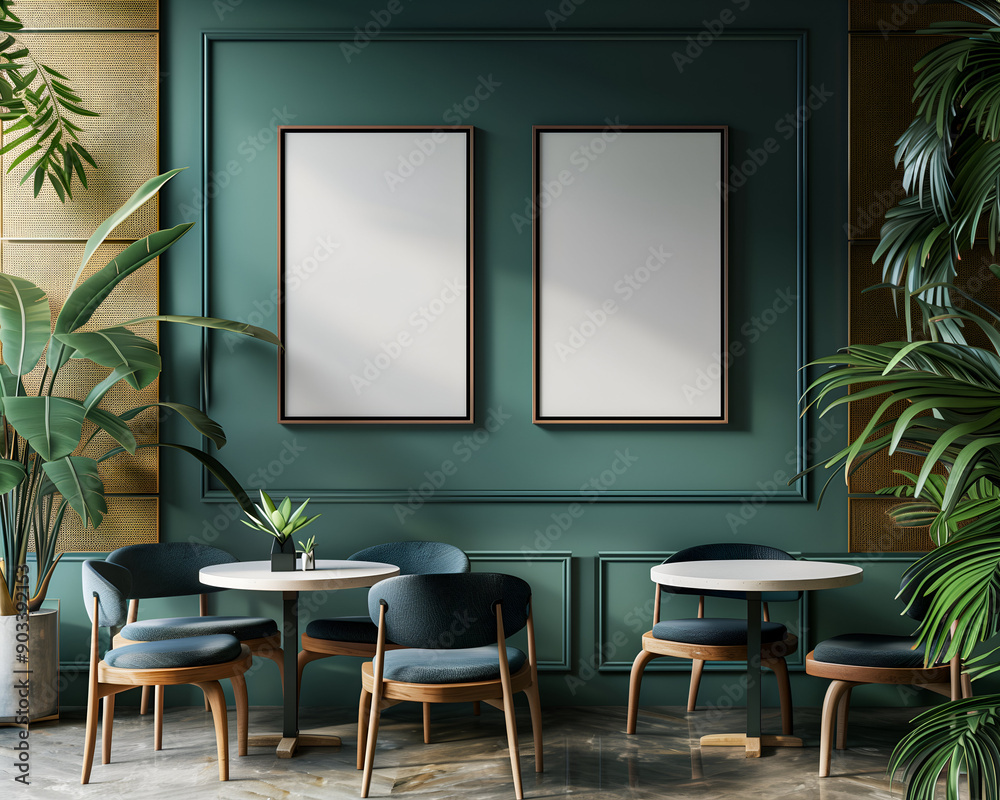 Elegant Green Interior with Blank Poster Frame on Dark Teal Wall in Stylish Café Setting