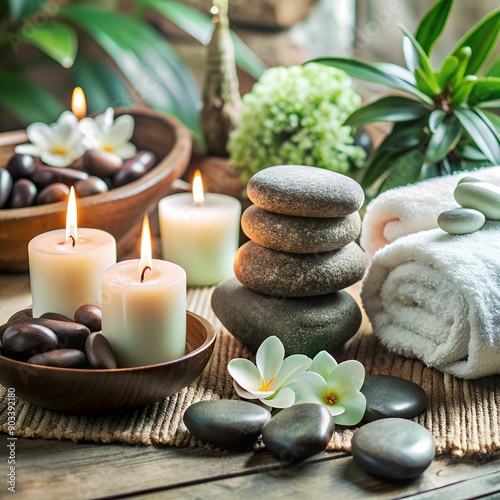 spa, soft towels, aroma oils, massage stones