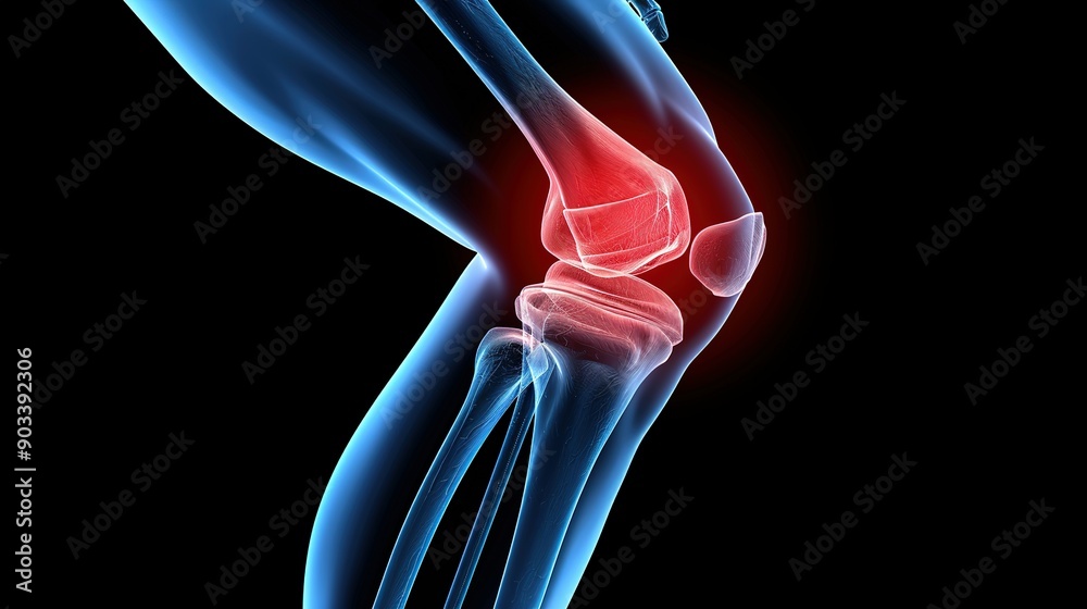 X-ray Visualization of Human Knee with Red Pain Indication Stock ...