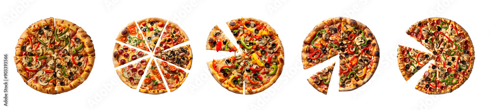 Vegetable pizza with a sliced piece on a transparent background Vegetable pizza with a sliced piece on a transparent background