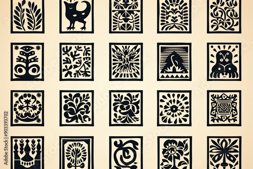 Block Print Woodblock pattern, design, seamless, vintage, illustration, art, decoration, texture, wallpaper, frame, black, set, silhouette, animal, border, ornament, woodcut