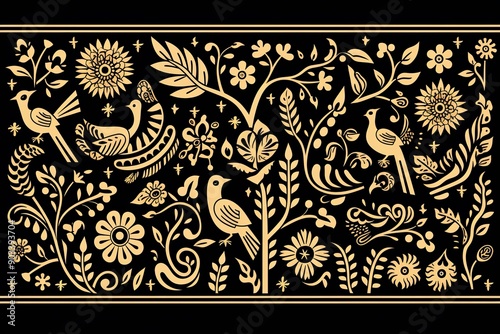 Block Print Woodblock pattern, design, seamless, vintage, illustration, art, decoration, texture, wallpaper, frame, black, set, silhouette, animal, border, ornament, woodcut
