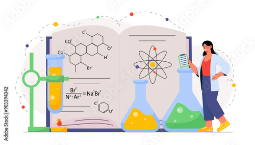 Woman studying chemistry. Young girl with test tubes with reagents near book. Scientific laboratory researching. Scientist in lab. Flat vector illustration