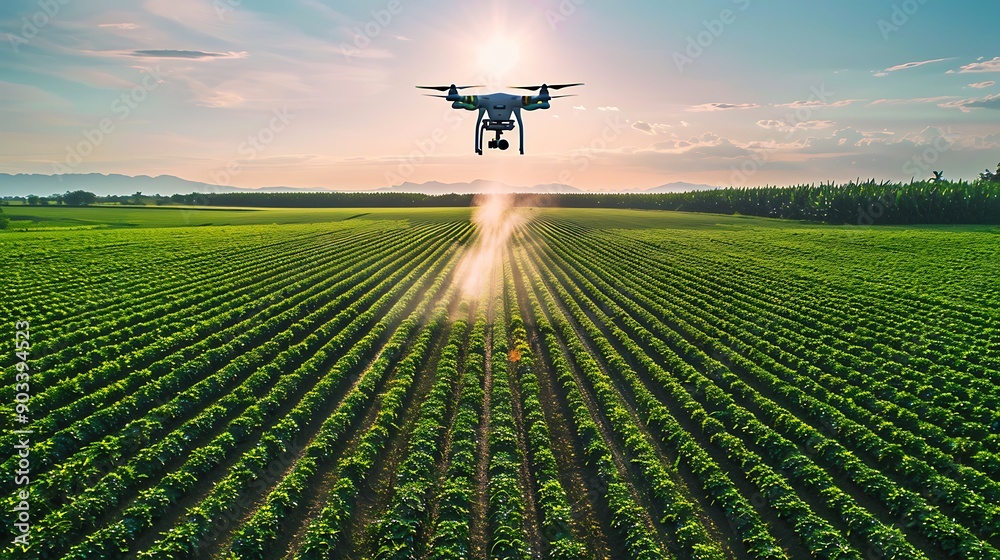 A drone flying over a vast, green farmland, spraying crops with precision, with rows of healthy plants and a clear, bright sky in the background. Created using: high-resolution camera, A drone flying over a vast, green farmland, spraying crops with precision, with rows of healthy plants and a clear, bright sky in the background. Created using: high-resolution camera,