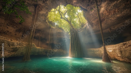 Sunlight Streaming Through Cave Ceiling at Cenote Samula, Mexico - Minimalist Scenic View of Crystal Clear Blue Water with Hanging Roots photo