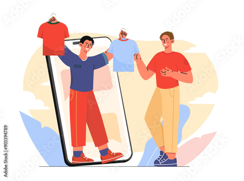 Stylist with clothes. Man on smartphone screen offers choice of two Tshirts to young guy. Aesthetics and elegance, fashion and style. Flat vector illustration
