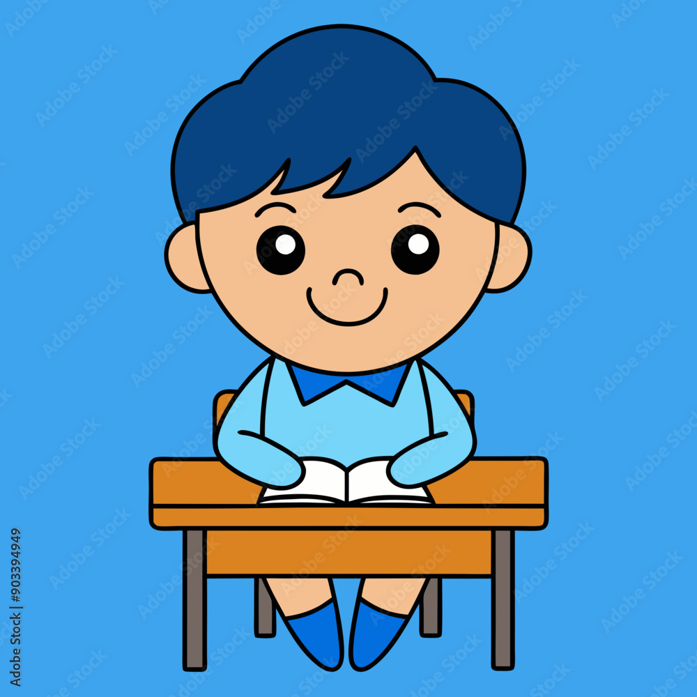 Little children sitting at the table reading books happily vector art illustration Little children sitting at the table reading books happily vector art illustration