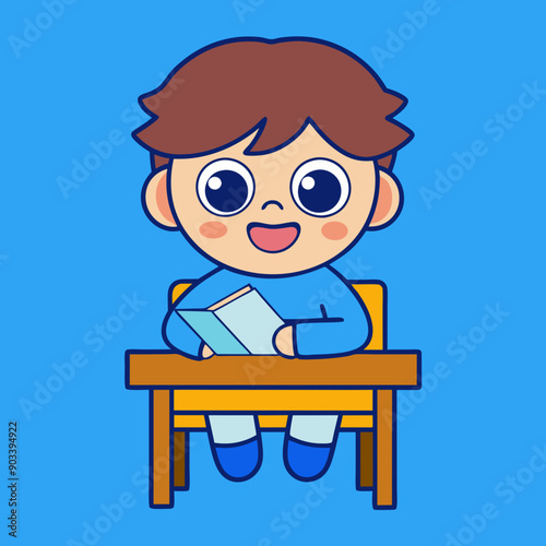 Little children sitting at the table reading books happily vector art illustration