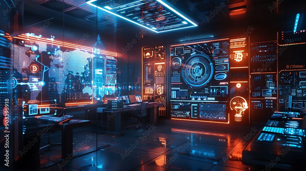 A futuristic office with digital holograms showing blockchain data and cryptocurrency transactions, surrounded by advanced tech and ambient lighting. Created using: high-resolution camera, A futuristic office with digital holograms showing blockchain data and cryptocurrency transactions, surrounded by advanced tech and ambient lighting. Created using: high-resolution camera,