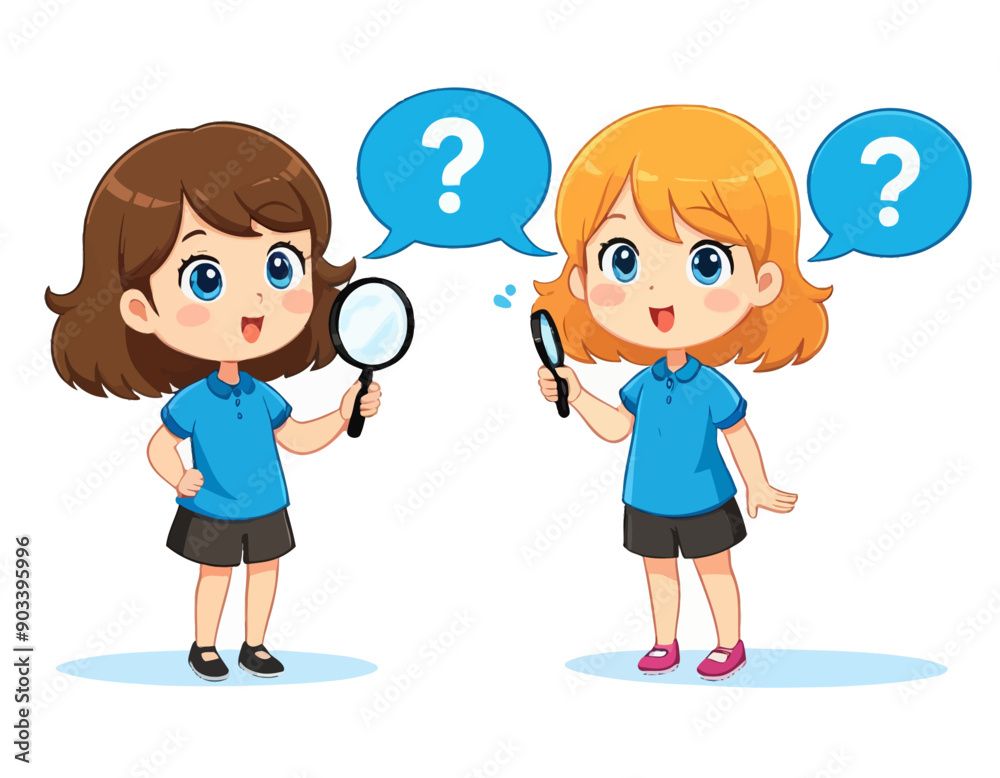 Two cartoon girls with magnifying glasses, one with blue hair, one orange, both smiling, expressing curiosity and investigation, with speech bubbles, on a white background Two cartoon girls with magnifying glasses, one with blue hair, one orange, both smiling, expressing curiosity and investigation, with speech bubbles, on a white background