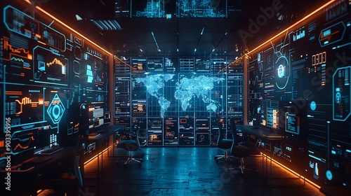 A futuristic office with digital holograms showing blockchain data and cryptocurrency transactions, surrounded by advanced tech and ambient lighting. Created using: high-resolution camera,