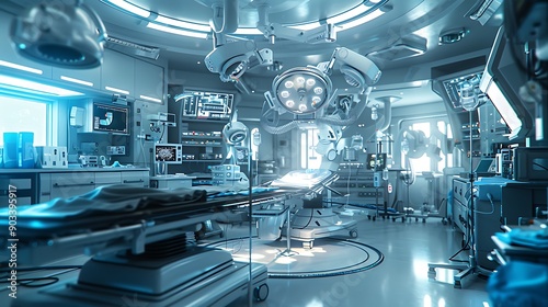 A futuristic operating room with a robotic surgical system performing a delicate procedure, detailed medical instruments, and doctors monitoring the process, under bright, focused lights.