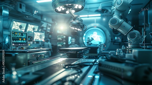 A futuristic operating room with a robotic surgical system performing a delicate procedure, detailed medical instruments, and doctors monitoring the process, under bright, focused lights.